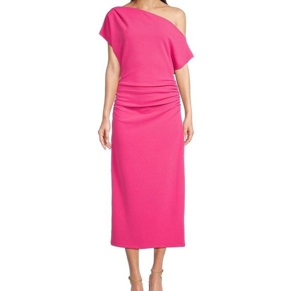Gibson Latimer Pink Asymmetrical Neck Short Sleeve Twist Front Midi Dress size S - Picture 1 of 7